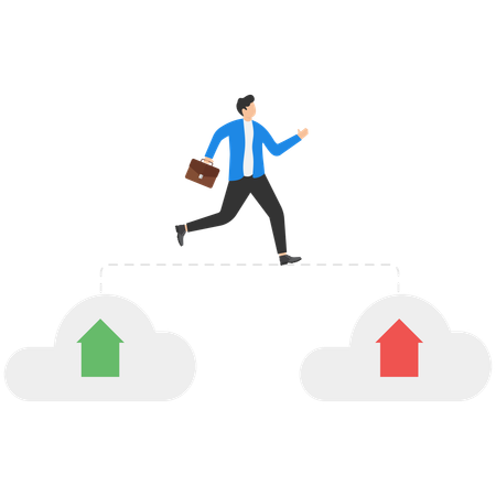 Un homme d'affaires passe d'un ancien nuage à un nouveau nuage  Illustration