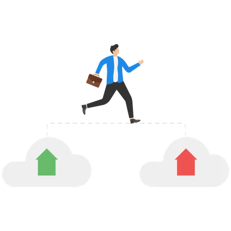 Un homme d'affaires passe d'un ancien nuage à un nouveau nuage  Illustration