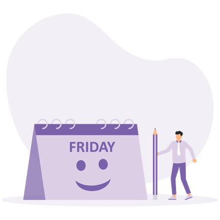 Homme d'affaires marque Happy Friday dans le calendrier  Illustration