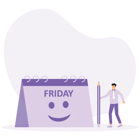 Homme d'affaires marque Happy Friday dans le calendrier  Illustration