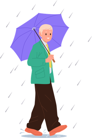 Homme d'affaires senior mature marchant dans la rue avec un parapluie  Illustration