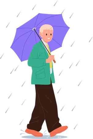 Homme d'affaires senior mature marchant dans la rue avec un parapluie  Illustration