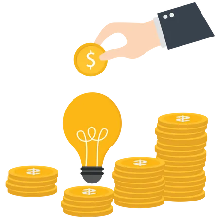 Homme d'affaires mettant une pièce d'un dollar dans une ampoule  Illustration