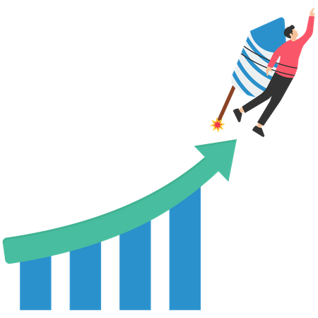 Homme d'affaires chevauchant une fusée sur le graphique de croissance  Illustration