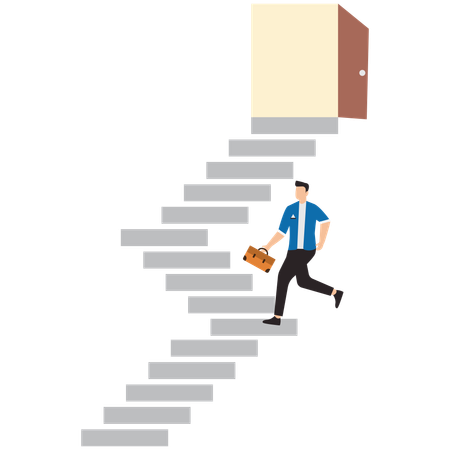 Un homme d'affaires marche dans un escalier pour trouver une porte d'opportunité ouverte  Illustration