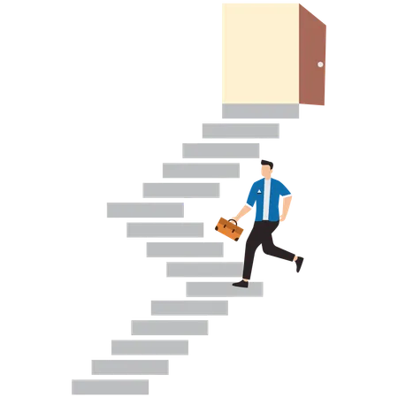 Un homme d'affaires marche dans un escalier pour trouver une porte d'opportunité ouverte  Illustration