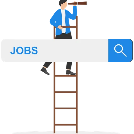 Un homme d'affaires grimpe sur l'échelle de la barre de recherche d'emploi avec des jumelles pour voir les opportunités  Illustration