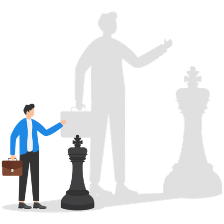 Homme d'affaires montrant un pion d'échecs avec l'ombre du roi  Illustration