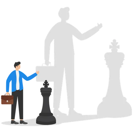 Homme d'affaires montrant un pion d'échecs avec l'ombre du roi  Illustration