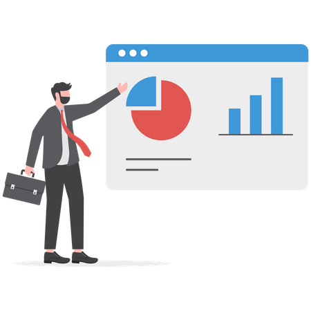 Homme d'affaires montrant une analyse commerciale en ligne  Illustration