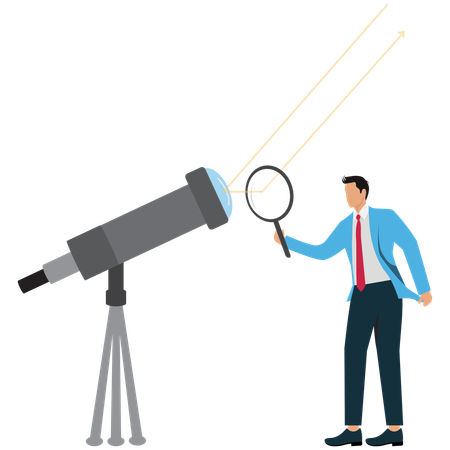 Homme d'affaires regardant un objectif de télescope avancé  Illustration