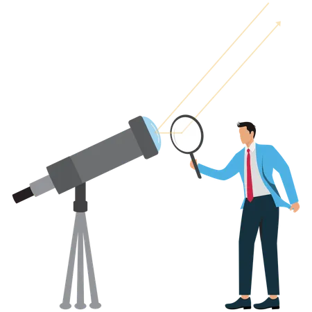 Homme d'affaires regardant un objectif de télescope avancé  Illustration