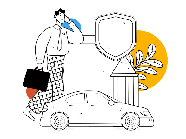 Homme d'affaires parlant d'assurance automobile sur mobile  Illustration