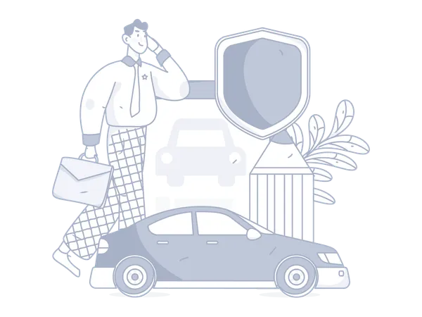 Homme d'affaires parlant d'assurance automobile sur mobile  Illustration
