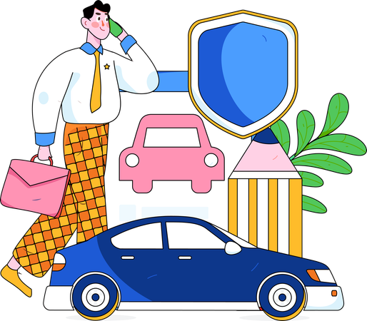 Homme d'affaires parlant d'assurance automobile sur mobile  Illustration