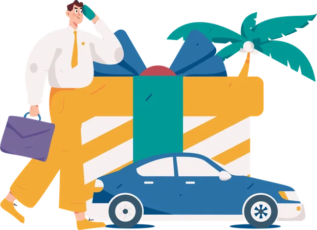 Homme d'affaires parlant sur mobile et prenant un taxi  Illustration