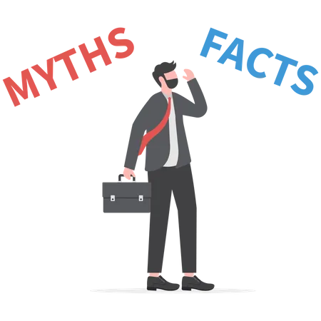 Un homme d'affaires pensant avec curiosité compare des faits ou des mythes  Illustration
