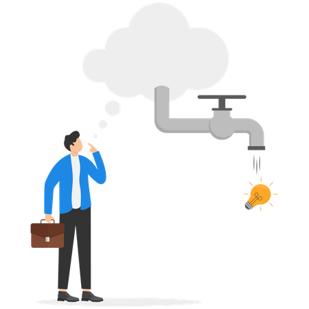 Homme d'affaires pensant bulle avec robinet pour obtenir une idée d'ampoule  Illustration