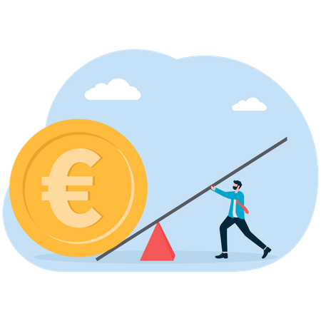 Homme d'affaires pesant une pièce en euro  Illustration