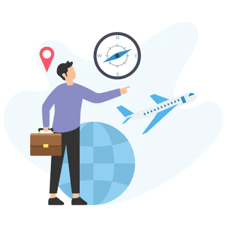 Homme d'affaires planifiant un voyage international avec boussole et avion  Illustration