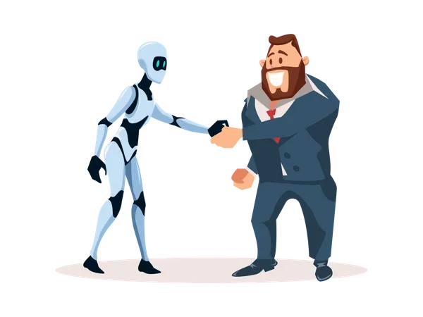 Poignée de main d'homme d'affaires avec un employé de robot  Illustration