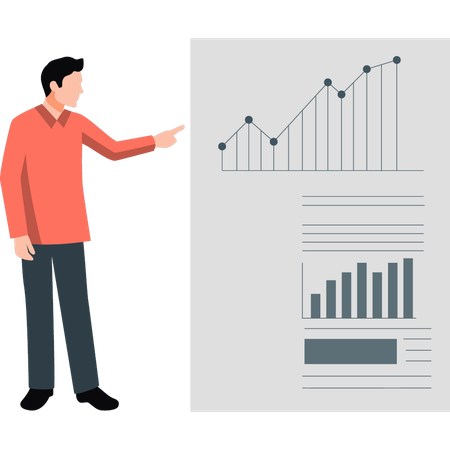 Homme d'affaires pointant vers un graphique de ligne d'affaires  Illustration