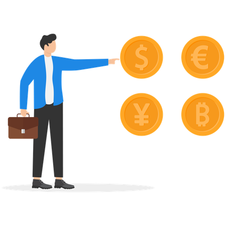Un homme d'affaires pointe un dollar tout en effectuant une analyse monétaire  Illustration