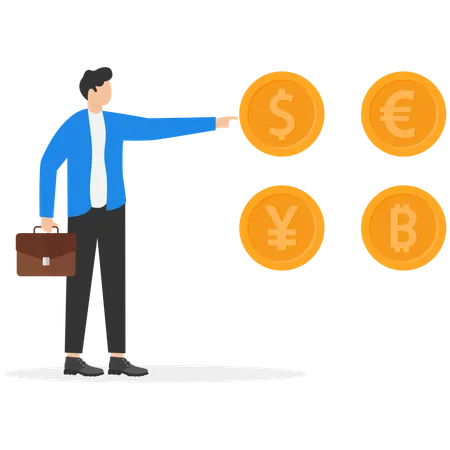Un homme d'affaires pointe un dollar tout en effectuant une analyse monétaire  Illustration