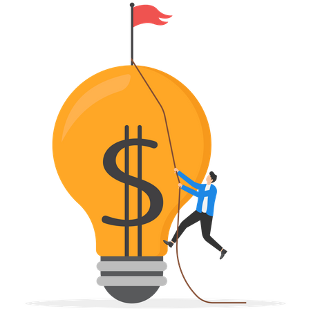 Homme d'affaires portant une idée d'ampoule lumineuse avec un signe d'argent en dollars  Illustration