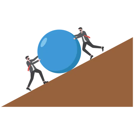 Un homme d'affaires porte une grosse boule bleue et gravit la montagne  Illustration
