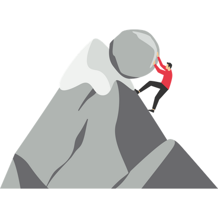 Homme d'affaires poussant le rocher jusqu'au sommet de la montagne  Illustration