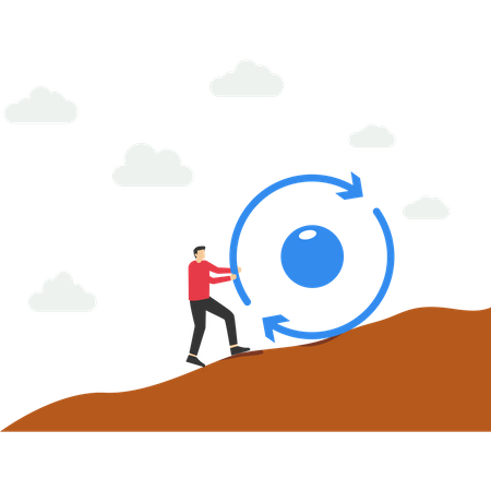 Homme d'affaires poussant le symbole du cercle de cohérence vers le haut de la colline avec tous ses efforts  Illustration