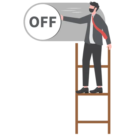 Homme d'affaires poussant l'interrupteur pour être éteint dans le tableau de bord du panneau de commande  Illustration
