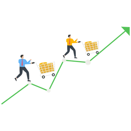 Homme d'affaires poussant un chariot rempli de pièces d'or fonctionnant sur un graphique ascendant  Illustration