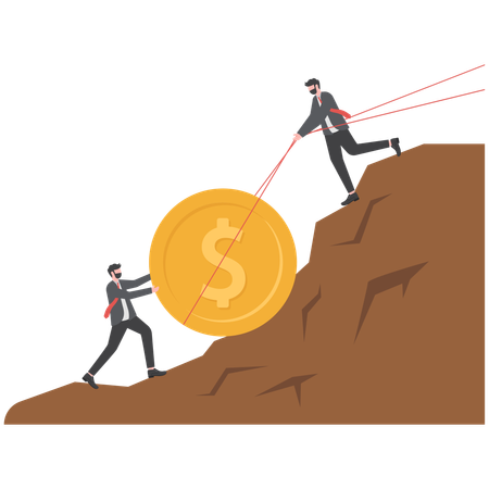 Un homme d'affaires pousse une pièce d'un dollar en montée sur la montagne jusqu'au but  Illustration