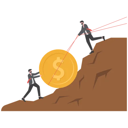 Un homme d'affaires pousse une pièce d'un dollar en montée sur la montagne jusqu'au but  Illustration