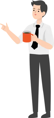 Homme d'affaires prenant un café et pointant quelque part  Illustration