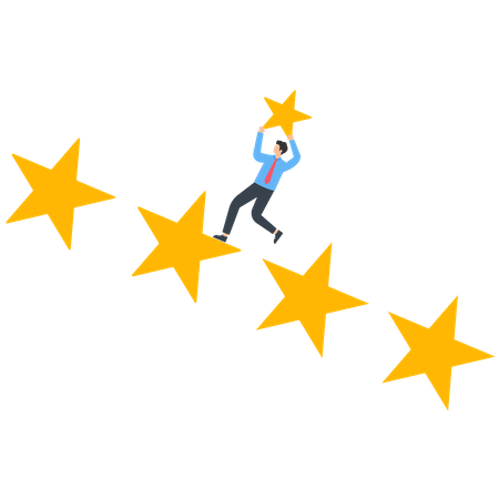 Un homme d'affaires prend les étoiles pour construire des marches cinq étoiles  Illustration