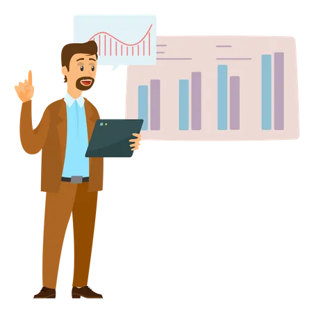 Homme d'affaires présentant une présentation analytique  Illustration