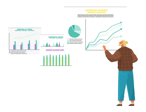 Homme d'affaires présentant différents types sur un graphique analytique  Illustration