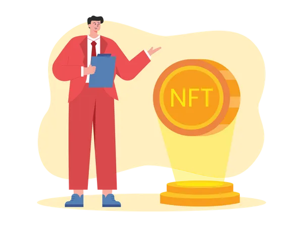 Homme d'affaires présentant la technologie NFT  Illustration