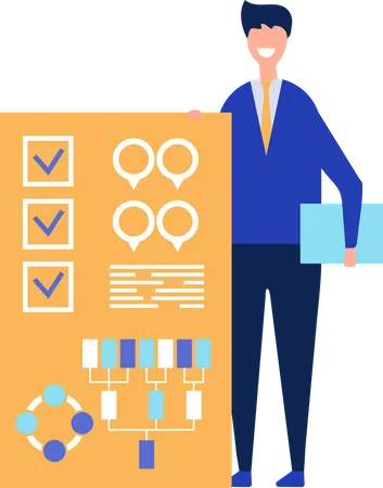 Homme d'affaires présentant le diagramme de flux de travail d'entreprise  Illustration