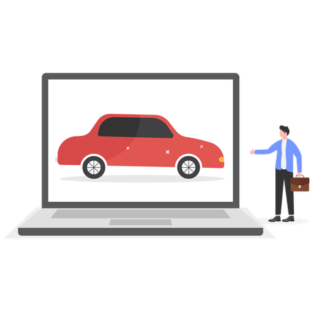 Homme d'affaires montrant une voiture à louer en ligne  Illustration