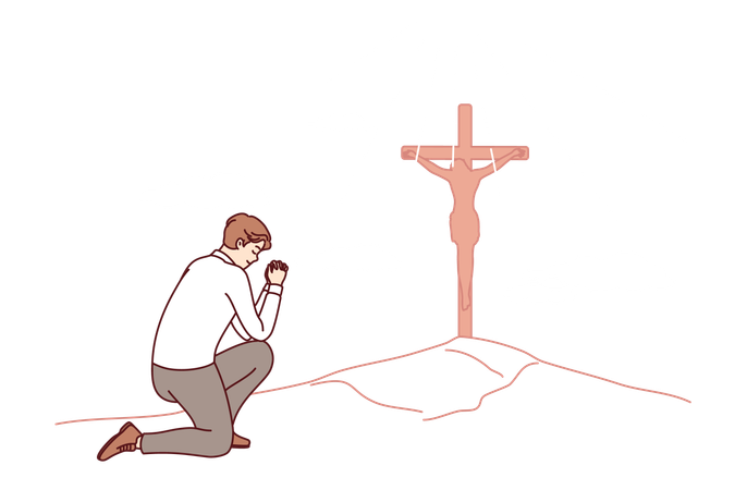 Homme d'affaires priant en voyant la croix chrétienne sur la colline adorant le seigneur et demandant la protection de Jésus  Illustration