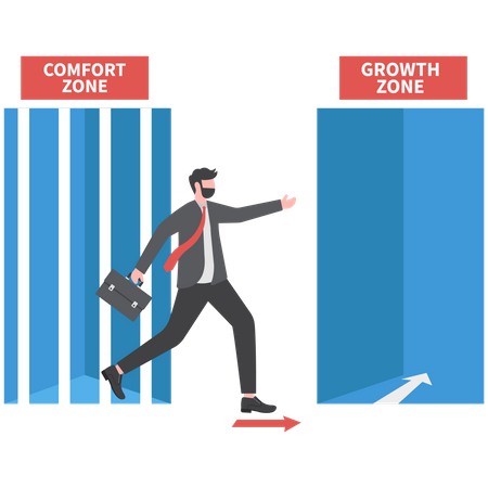 Homme d'affaires quittant la cage de porte la zone de confort en passant par la porte de confort de croissance  Illustration