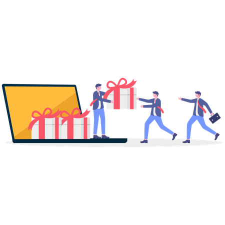 Homme d'affaires recevant des cadeaux en ligne  Illustration