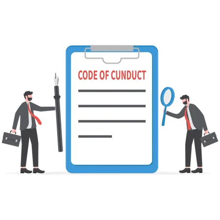 Homme d'affaires écrivant un document de code de conduite  Illustration