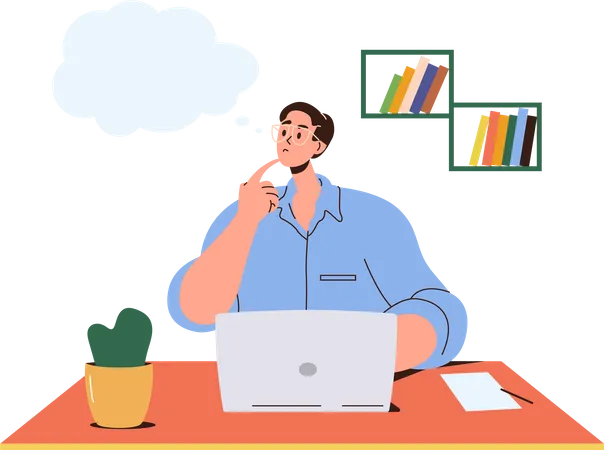 Homme d'affaires inquiet et réfléchi, assis devant un ordinateur portable au bureau à domicile  Illustration
