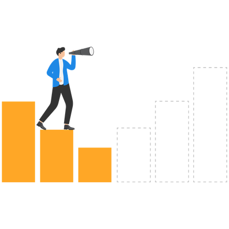Homme d'affaires regardant à travers le télescope et prédisant l'avenir des graphiques à barres  Illustration