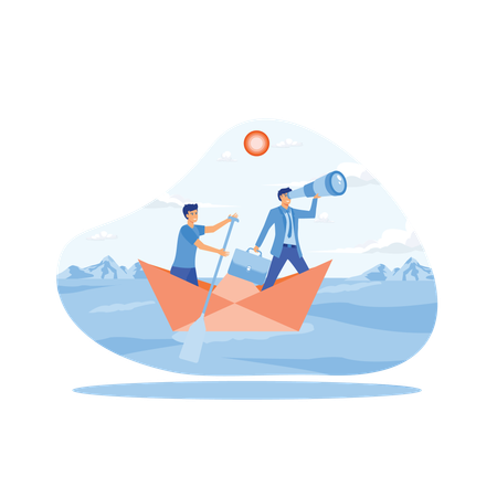 Un homme d'affaires regarde à travers un télescope par deux hommes d'affaires debout avec des rames flottant sur un bateau en papier dans la mer  Illustration
